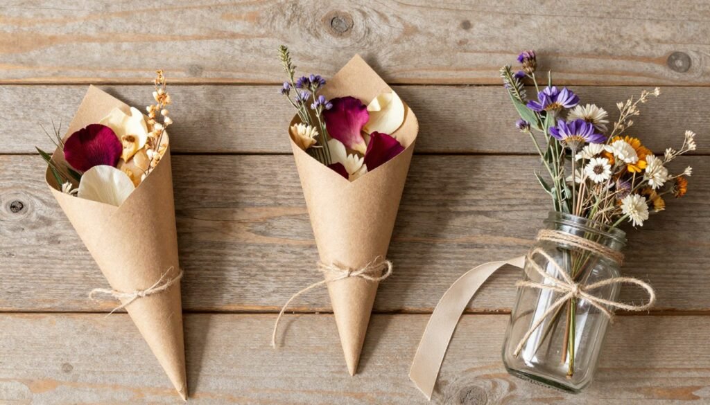 diy wedding send-off supplies arranged on rustic wooden table