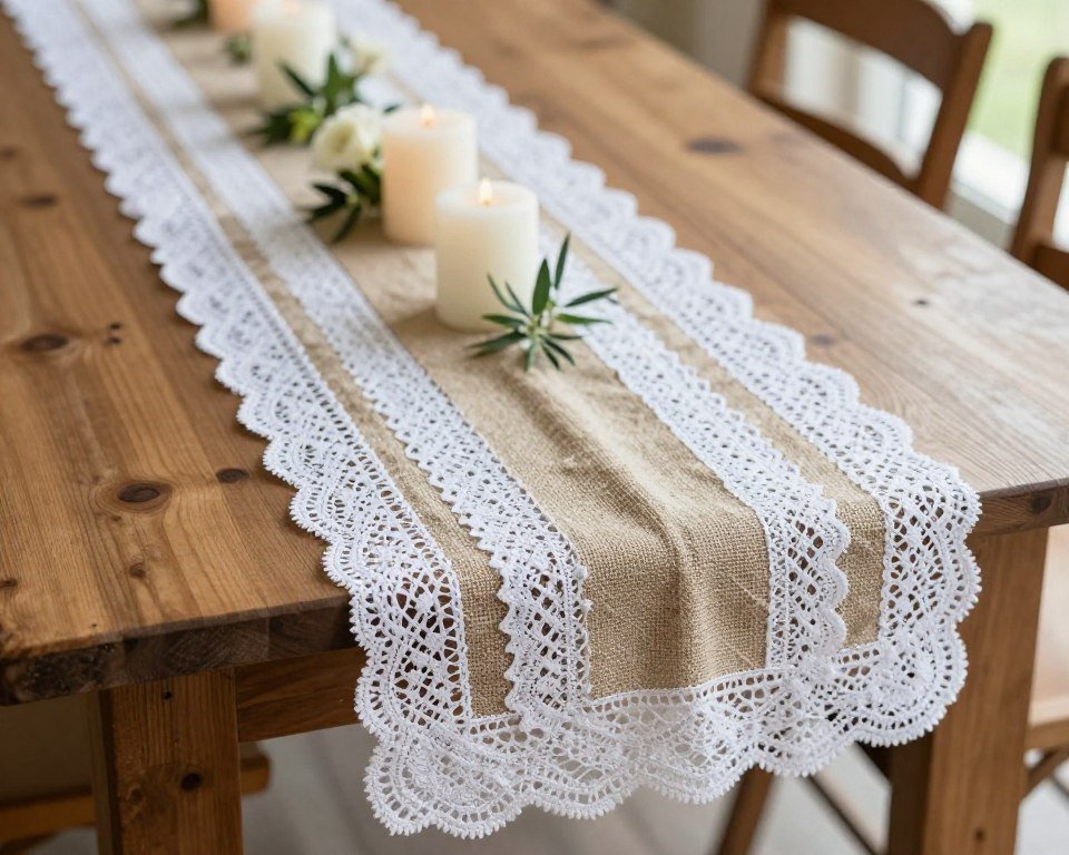 diy wedding table runner with lace and burlap details