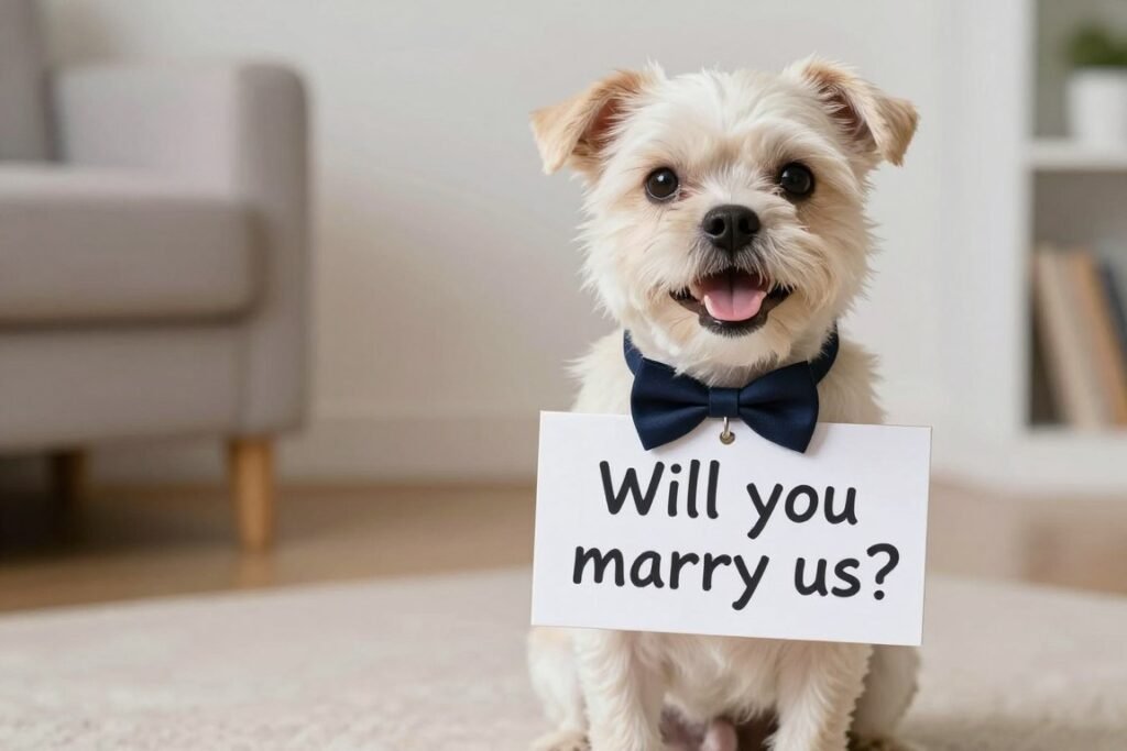dog wearing bow tie with proposal sign attached to collar