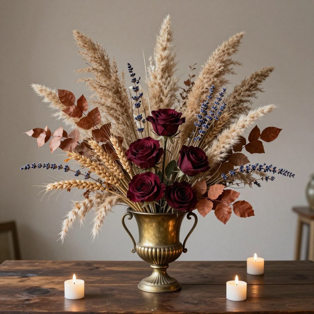 dried fall wedding flower arrangement with pampas grass