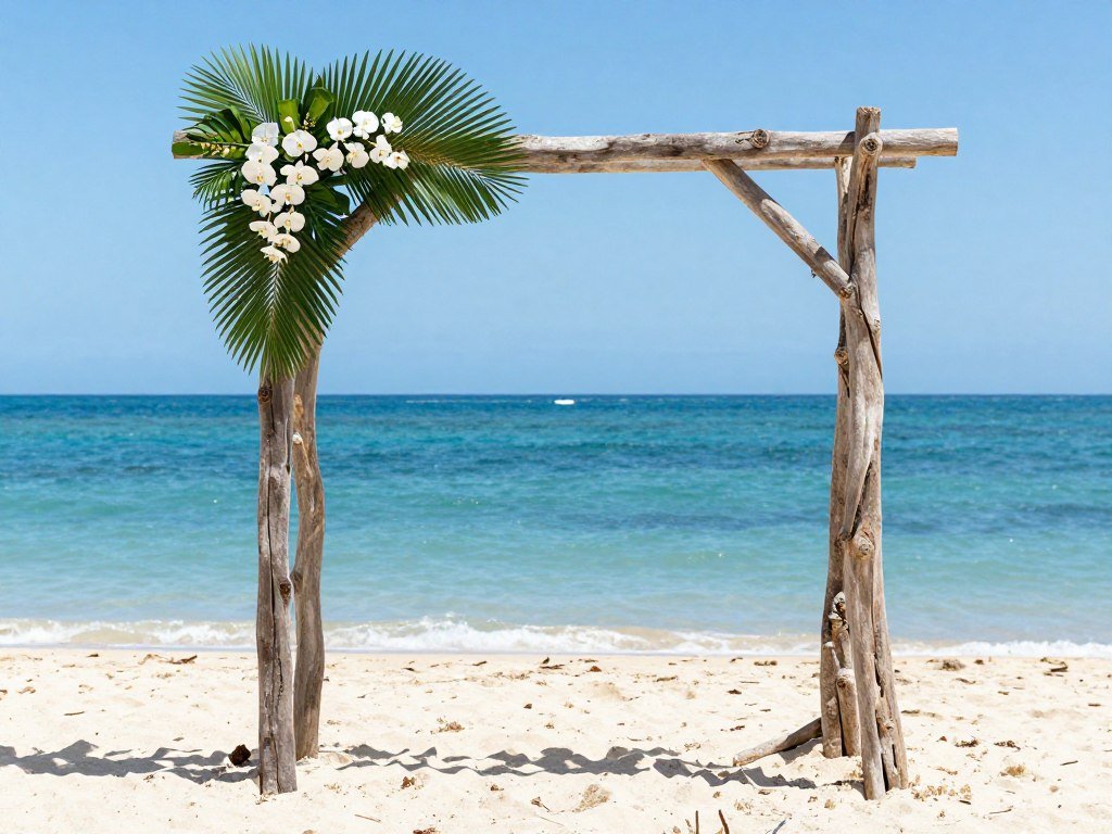 driftwood wedding arch on beach