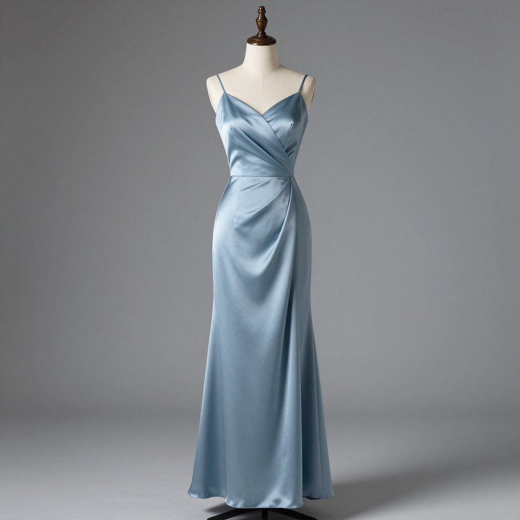 dusty blue satin bridesmaid dress with elegant draping