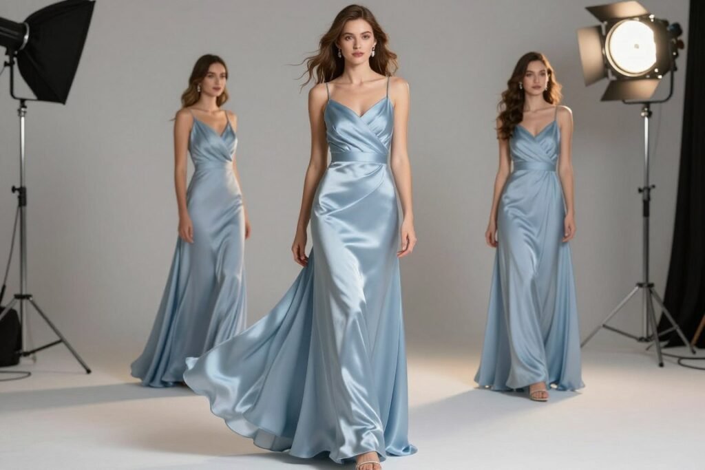dusty blue satin bridesmaid dress with elegant sheen