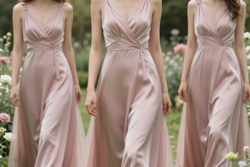 dusty rose satin bridesmaid dress soft lighting