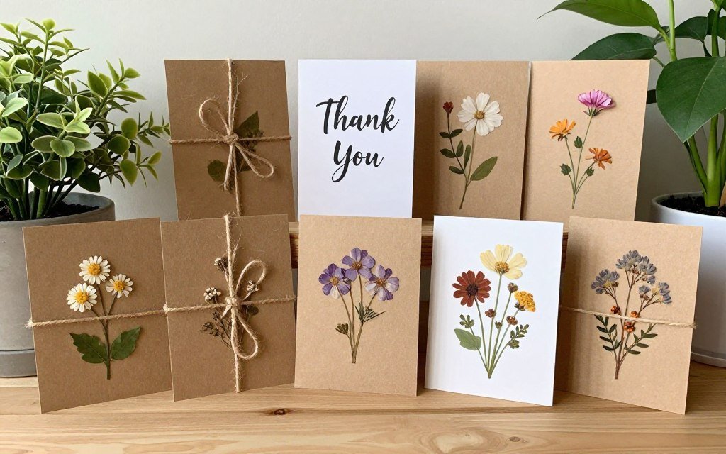 eco-friendly thank you cards made from recycled paper with natural plant elements