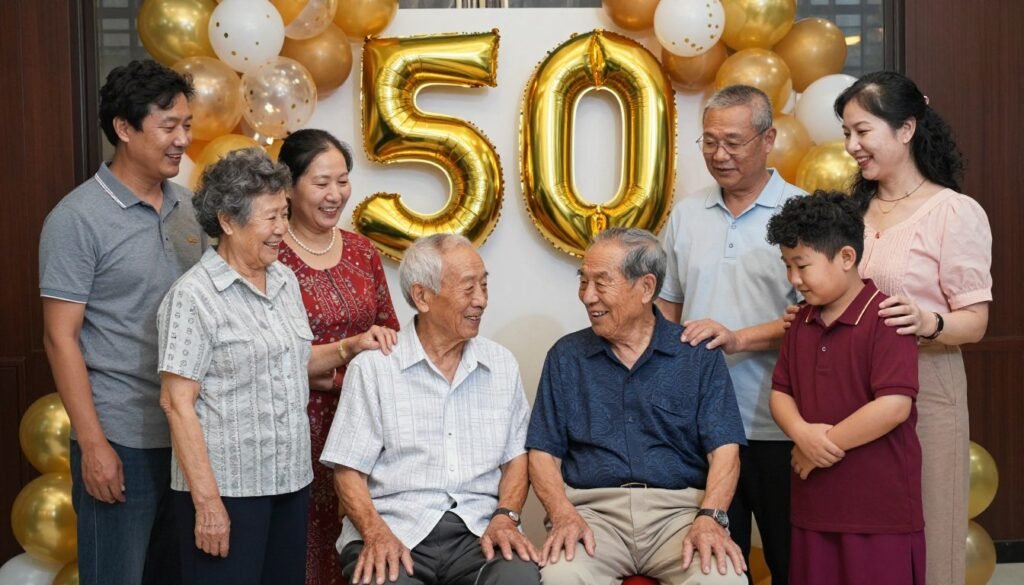 elderly couple celebrating golden anniversary surrounded by family