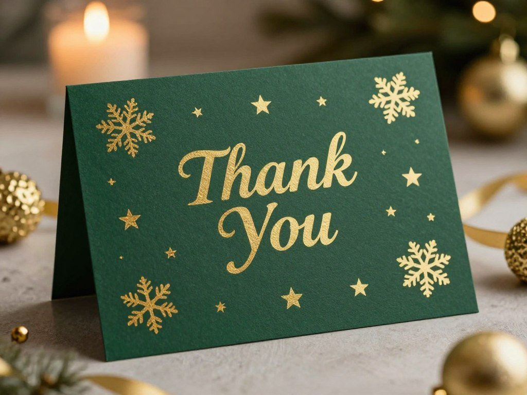 elegant Christmas thank you card with gold foil snowflakes on dark green cardstock