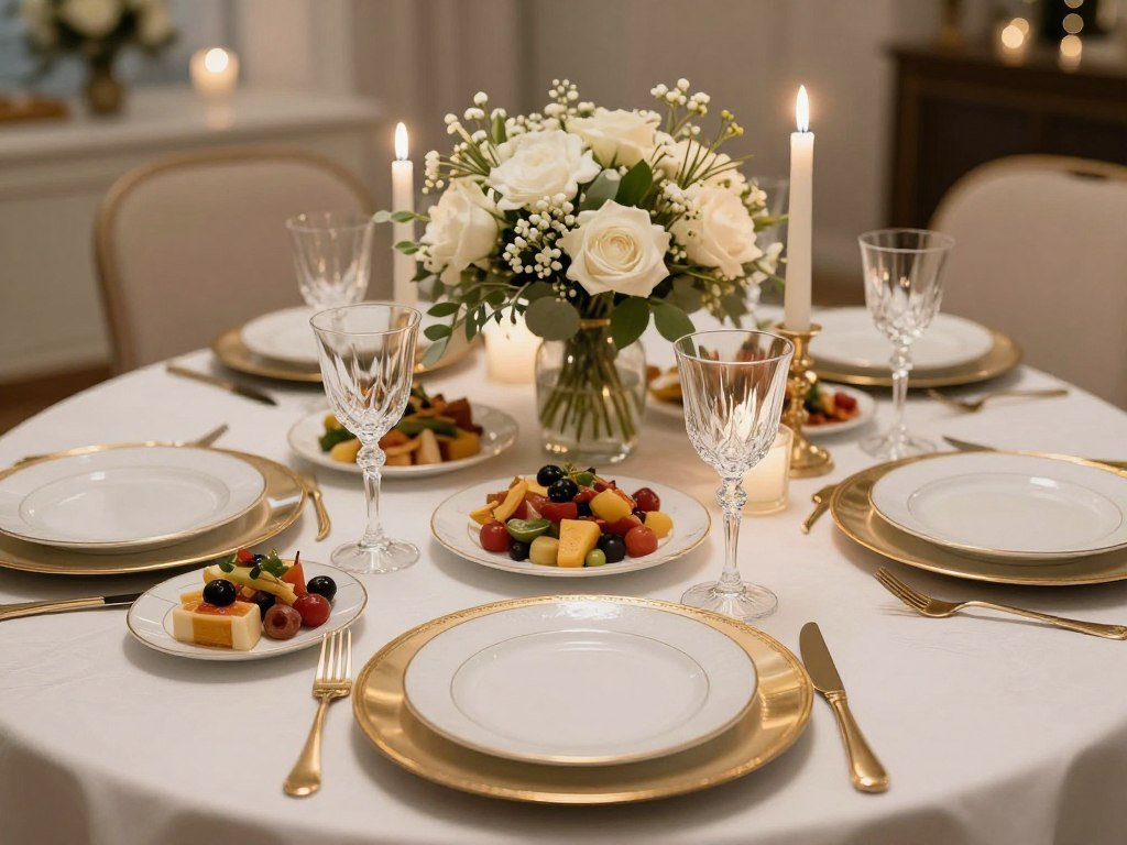 elegant anniversary dinner table setting with gold accents