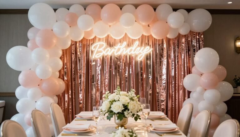 elegant bachelorette party decorations with balloon arch and rose gold accents