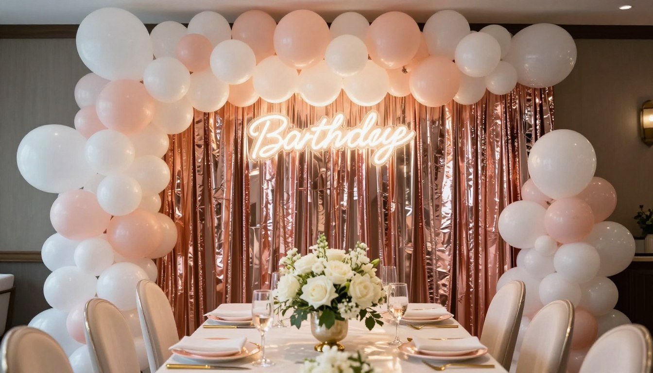 elegant bachelorette party decorations with balloon arch and rose gold accents