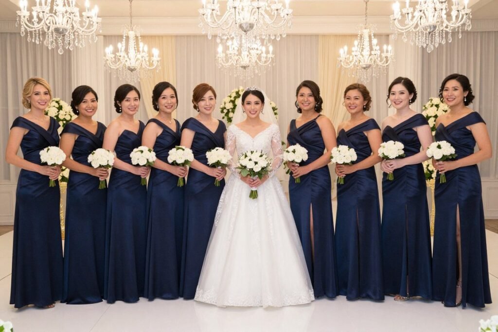 elegant ballroom wedding navy satin dresses