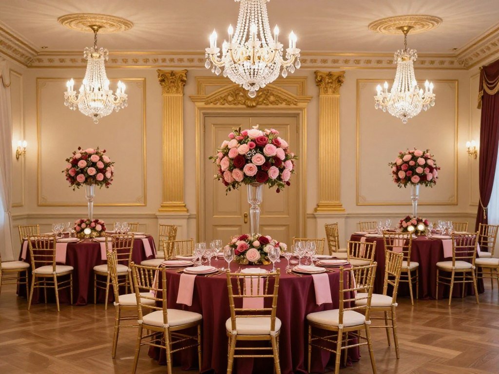 elegant ballroom with wedding colors complementing gold and cream interior