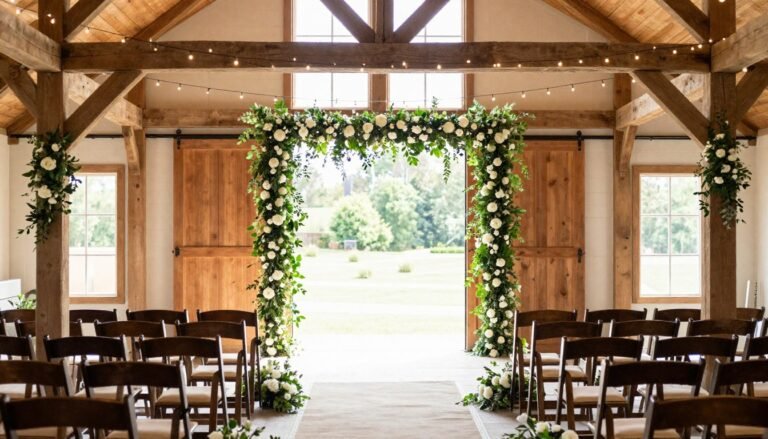 elegant barn wedding ceremony setup with fairy lights and floral arrangements