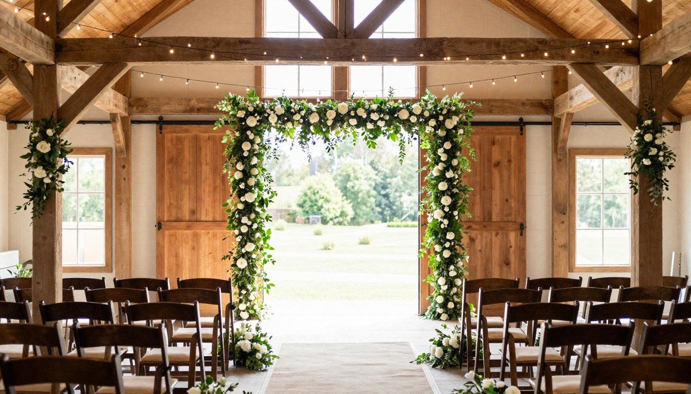 elegant barn wedding ceremony setup with fairy lights and floral arrangements