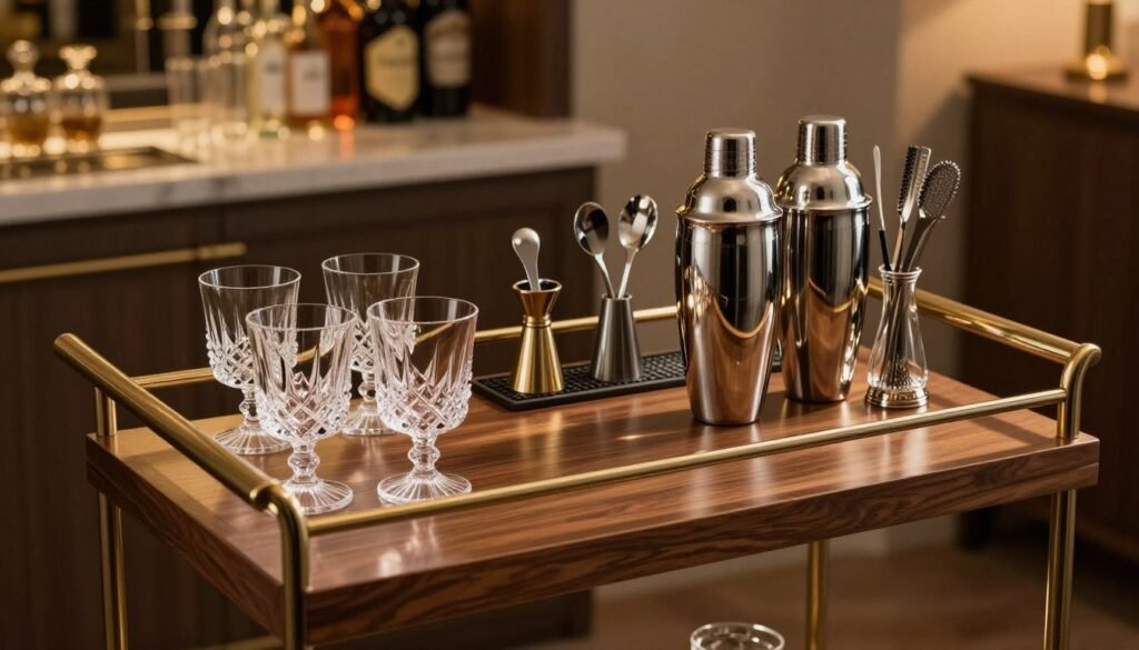 elegant barware set with glasses, shaker, and accessories