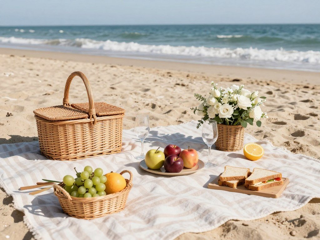 elegant beach picnic setup with food and drinks