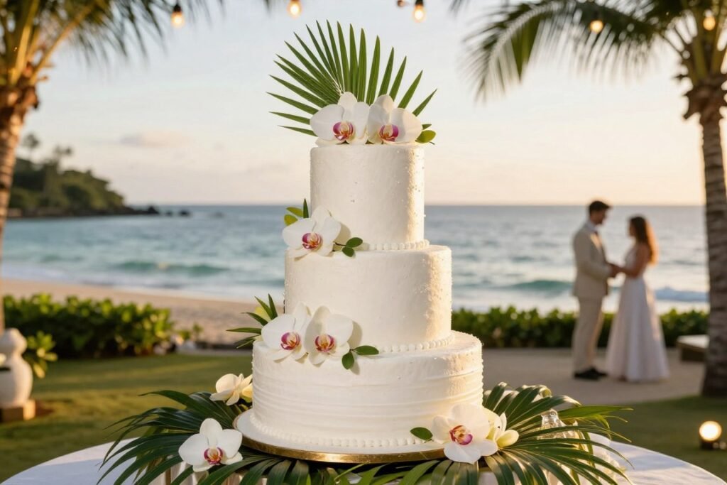 elegant beach wedding cake display with tropical flowers and ocean view elegant beach wedding cake display with tropical flowers and ocean view