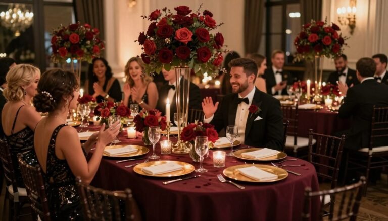elegant black wedding celebration with rich color palette featuring burgundy and gold accents