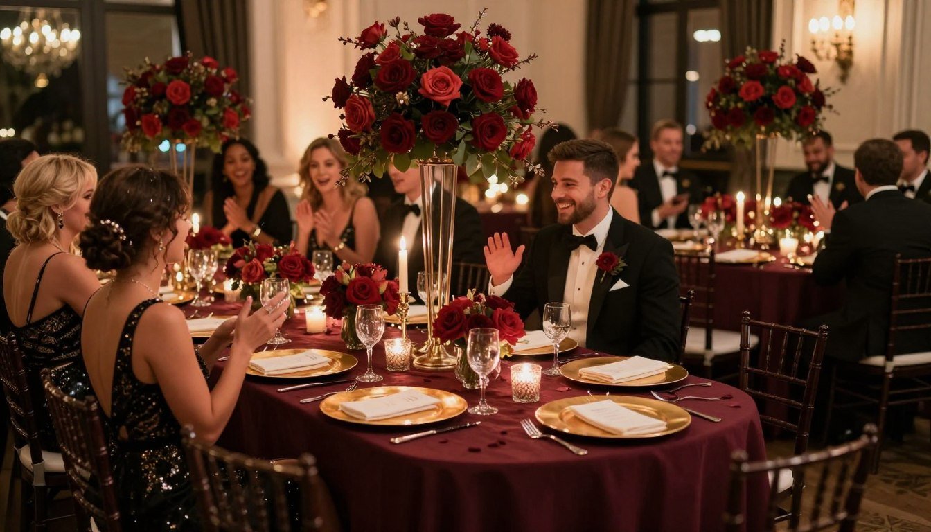 elegant black wedding celebration with rich color palette featuring burgundy and gold accents