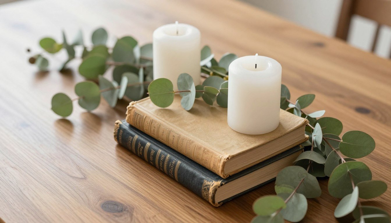 elegant book centerpiece ideas with stacked vintage books, candles, and greenery on dining table