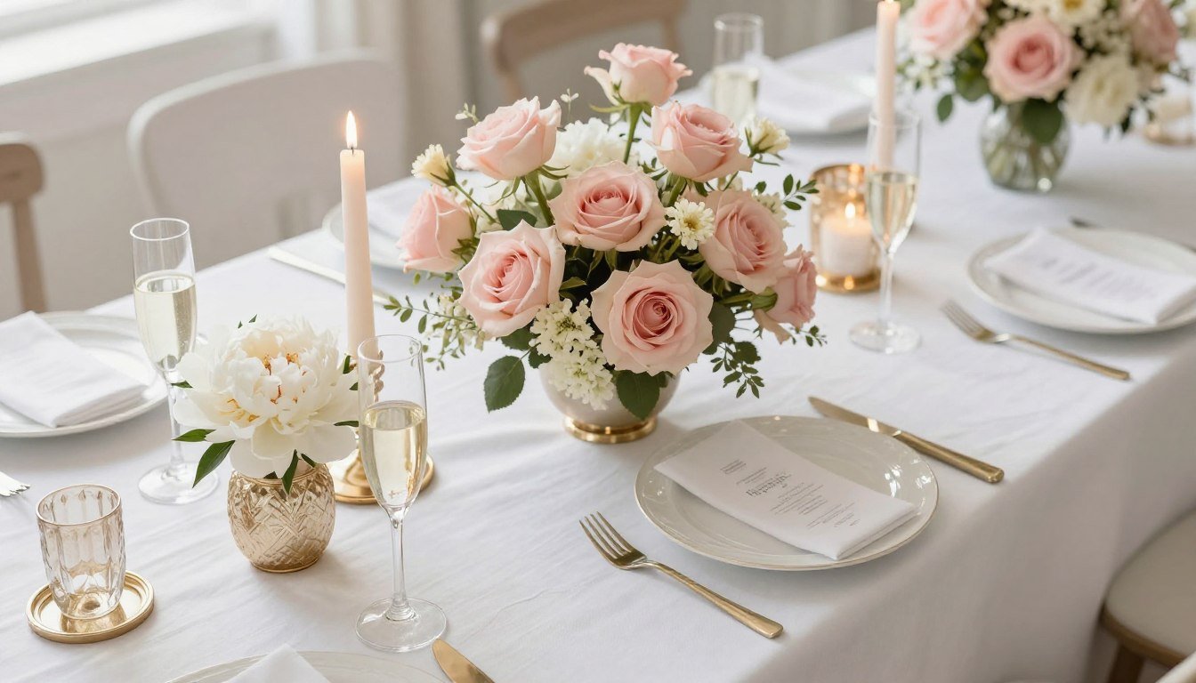 elegant bridal shower decor with blush florals and gold accents