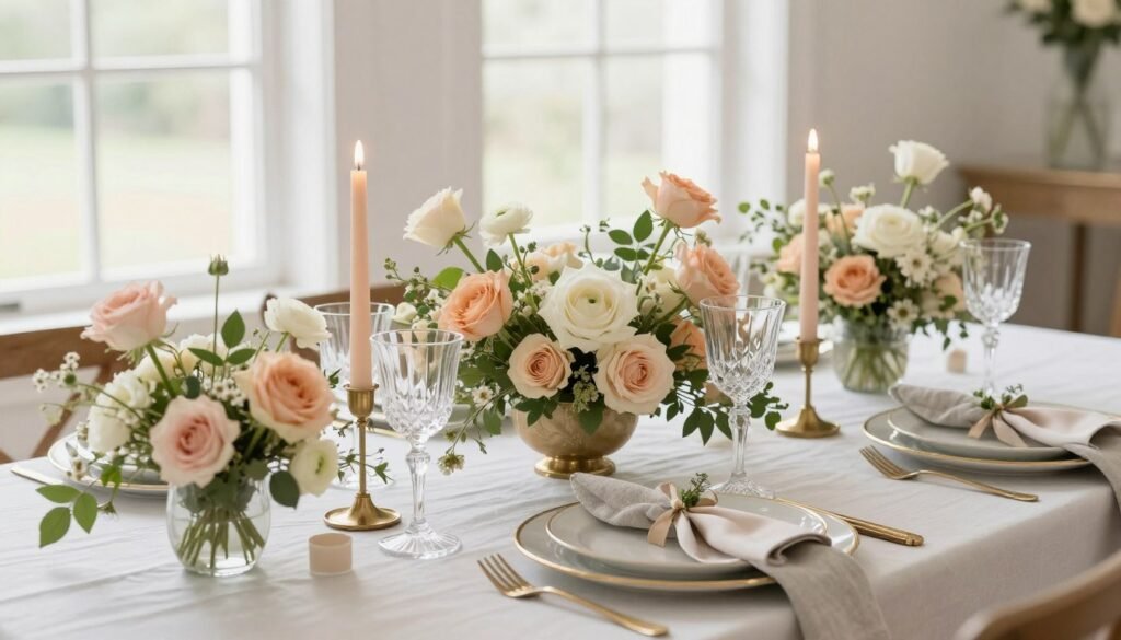elegant bridal shower tablescape with florals and candles