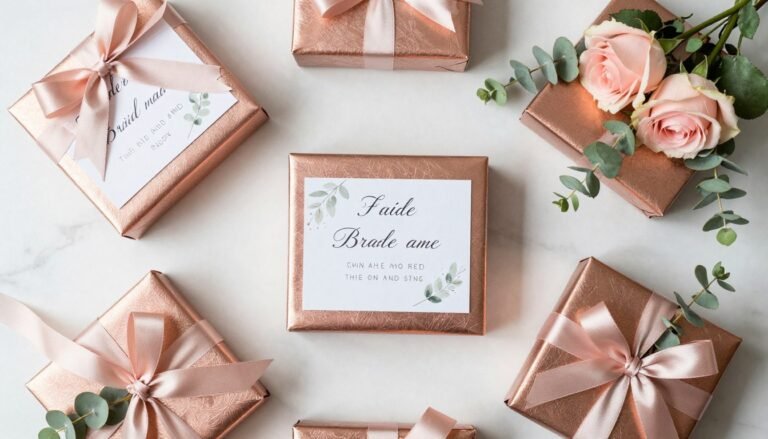 elegant bridesmaid boxes arranged on white marble surface with rose gold accents and floral details