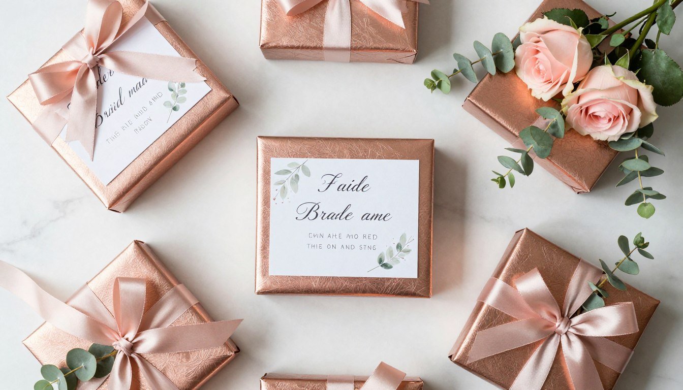elegant bridesmaid boxes arranged on white marble surface with rose gold accents and floral details