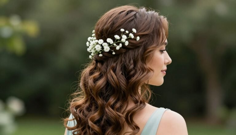 elegant bridesmaid hairstyle with soft waves and floral accessories