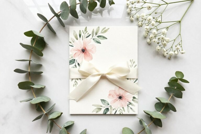 elegant bridesmaid proposal card with delicate floral design and silk ribbon on marble background