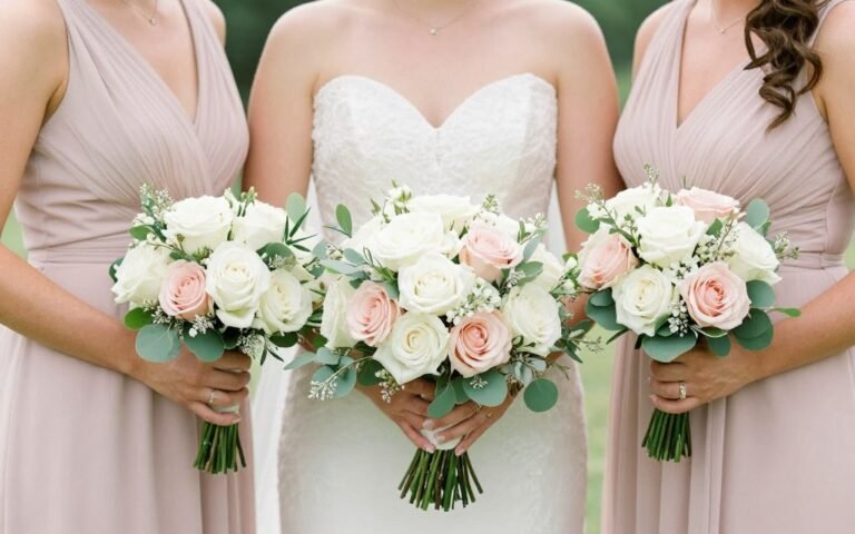 elegant bridesmaids bouquets held by bridesmaids in pastel dresses outdoors