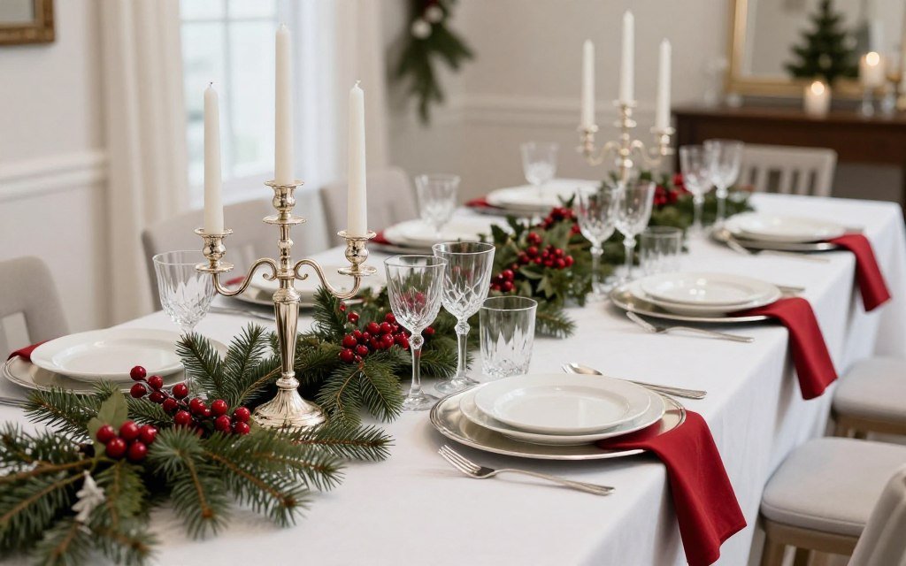 elegant christmas table with candles and evergreen