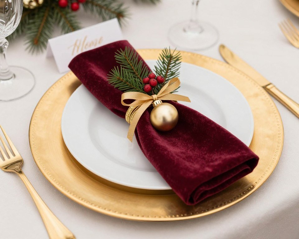 elegant christmas wedding place setting with menu card and ornament favor