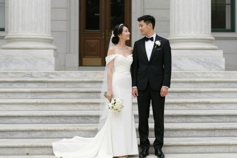 elegant court house wedding picture ideas with bride and groom on grand courthouse steps