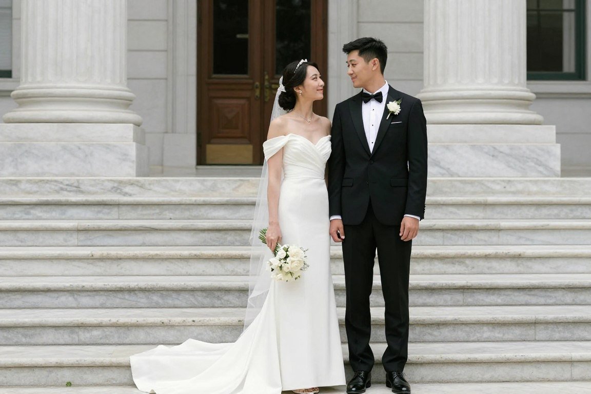elegant court house wedding picture ideas with bride and groom on grand courthouse steps