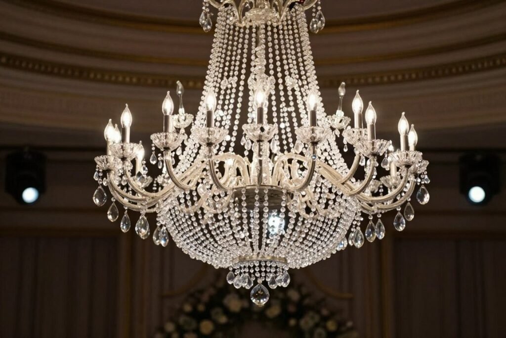 elegant crystal chandelier at wedding reception