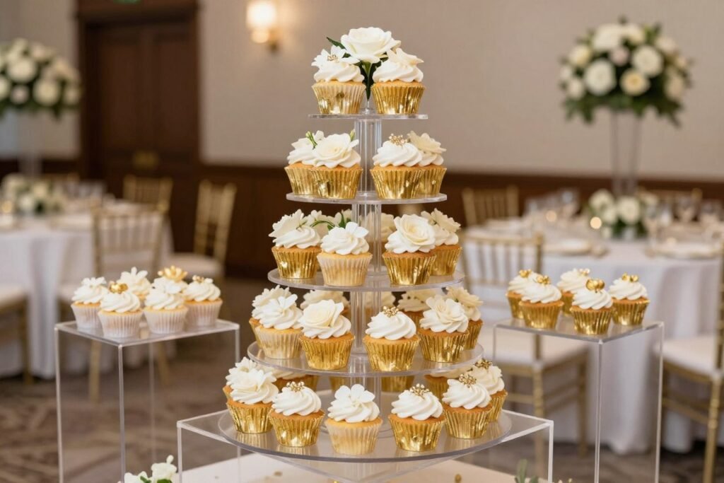 elegant cupcake display tower with decorated cupcakes arranged on tiered stand elegant cupcake display tower with decorated cupcakes arranged on tiered stand