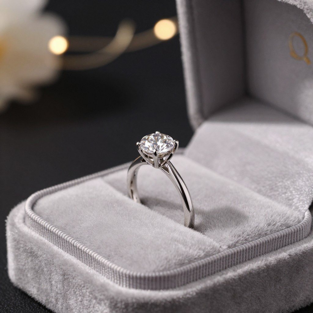 elegant engagement ring in open box with romantic lighting