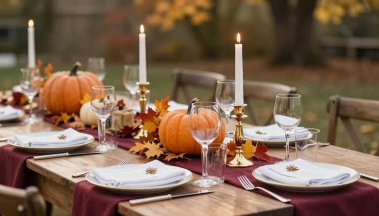 elegant fall bridal shower table setting with autumn foliage and gold accents
