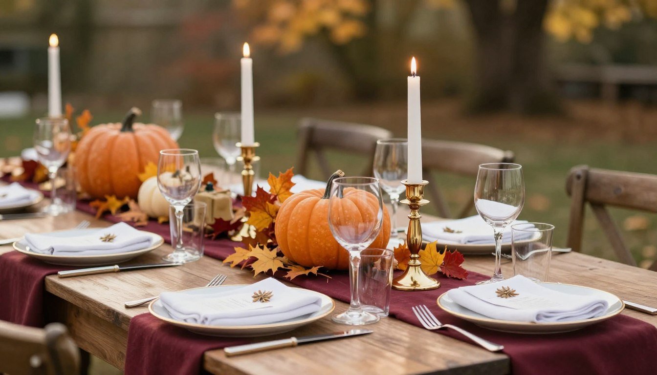 elegant fall bridal shower table setting with autumn foliage and gold accents