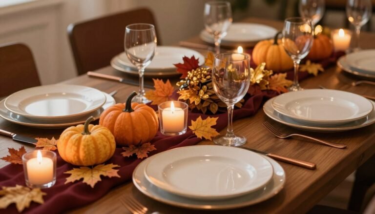 elegant fall in love bridal shower table setting with autumn leaves, pumpkins, and warm golden lighting
