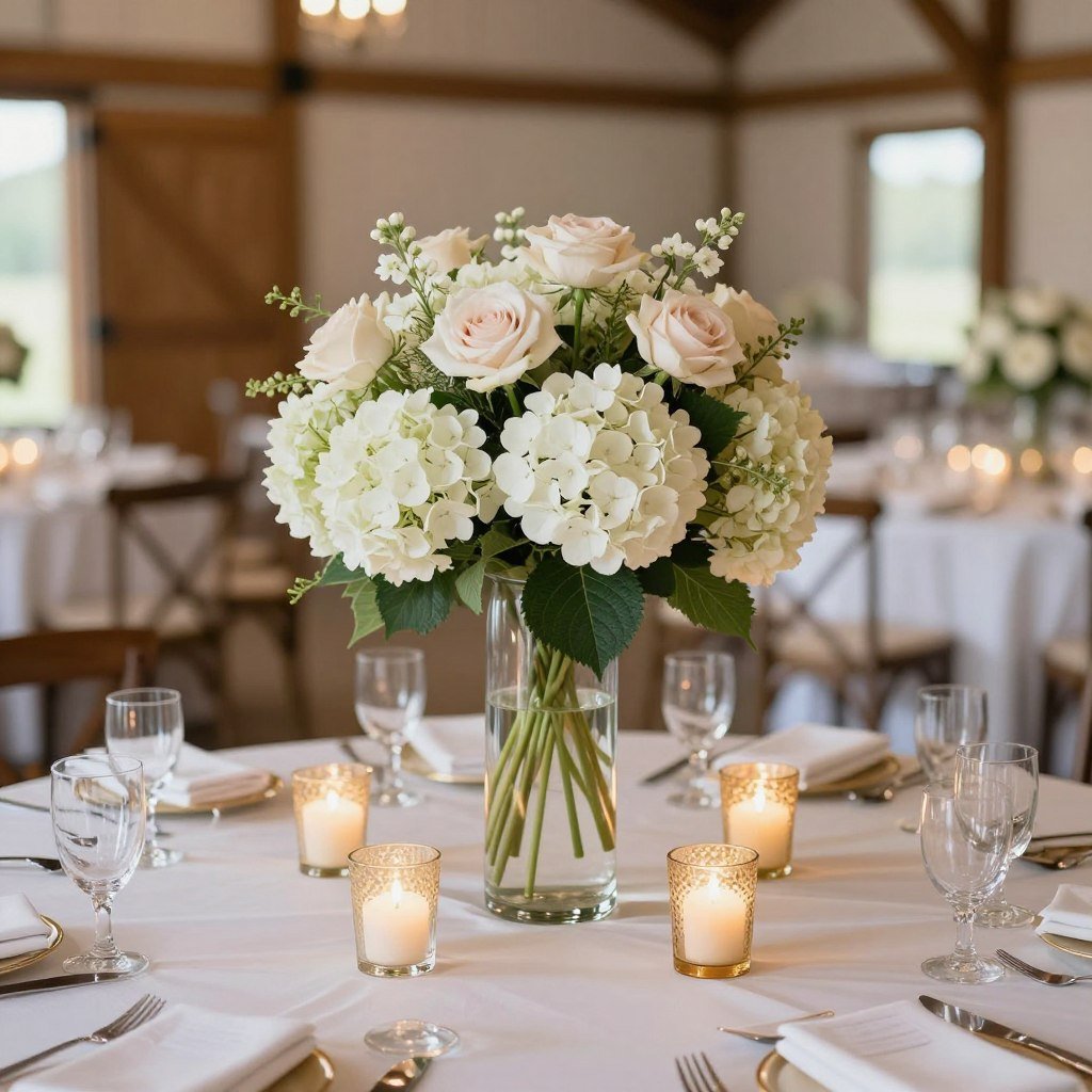 elegant floral centerpiece with candles for barn wedding