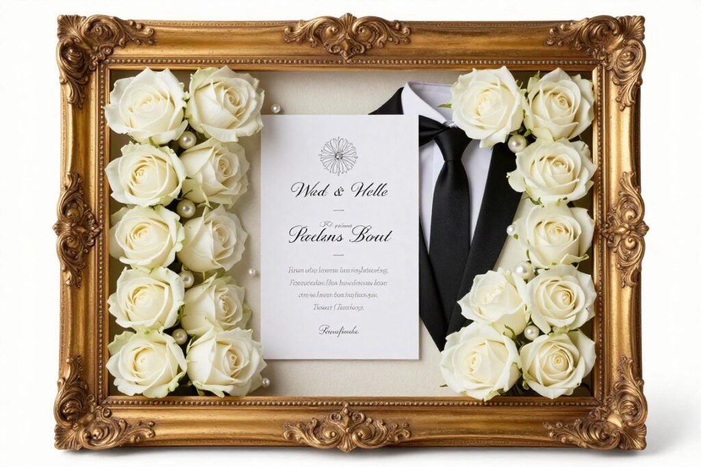 elegant formal wedding shadow box with gold frame