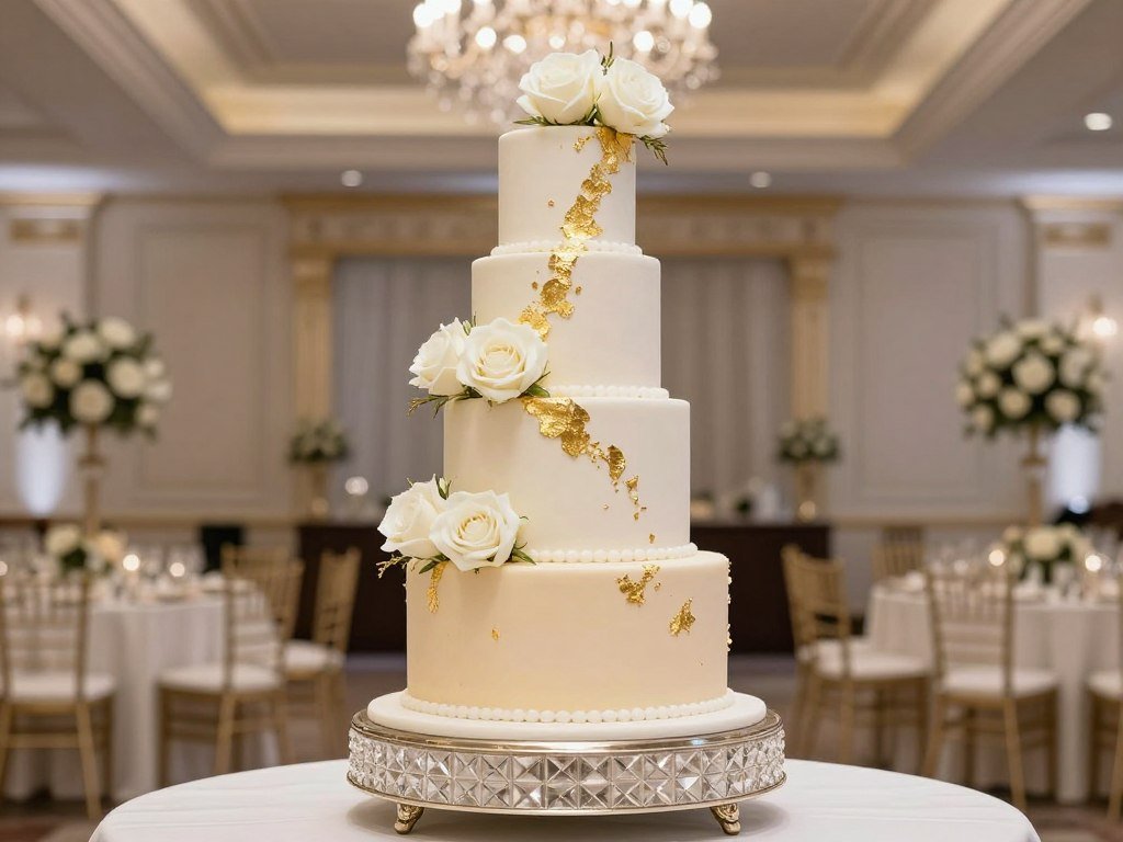 elegant four-tier wedding cake with gold leaf accents and white roses elegant four-tier wedding cake with gold leaf accents and white roses