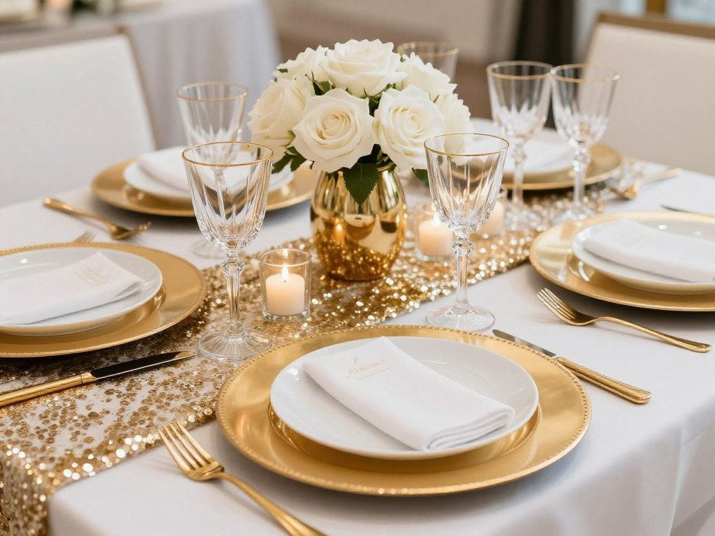 elegant gold and white table settings for bachelorette party