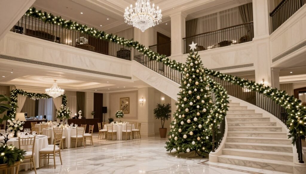 elegant hotel lobby decorated for christmas as wedding venue