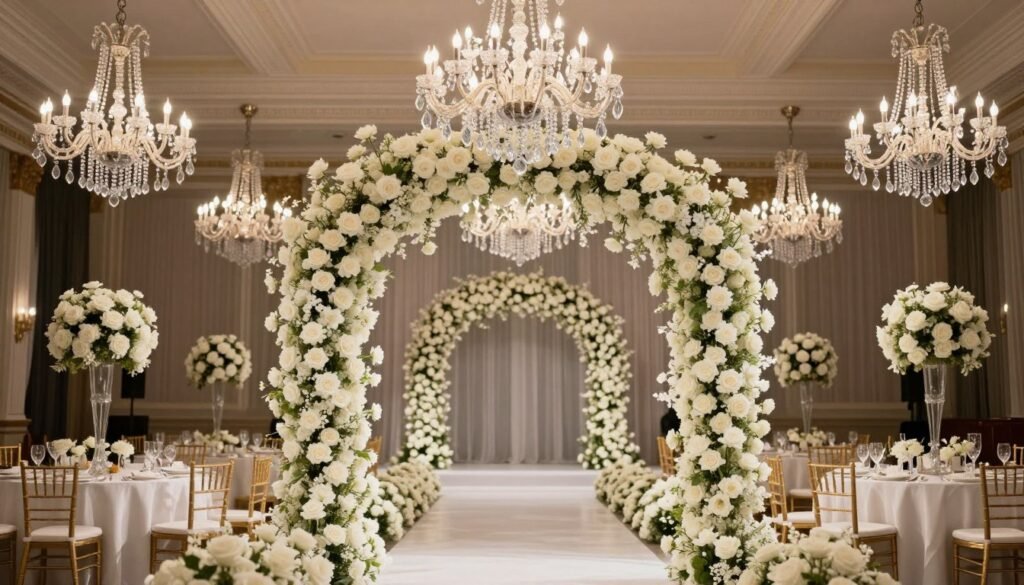 elegant indoor wedding arch in ballroom