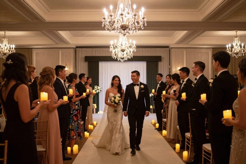elegant indoor wedding exit with guests holding battery powered LED candles