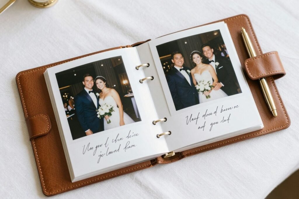 elegant leather-bound photo album opened to show polaroid pictures with handwritten messages from wedding guests elegant leather-bound photo album opened to show polaroid pictures with handwritten messages from wedding guests