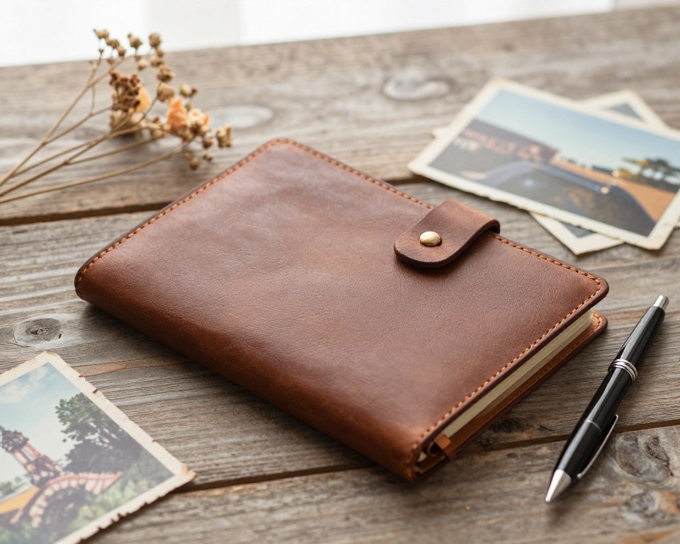 elegant leather journal and memory book on wooden table